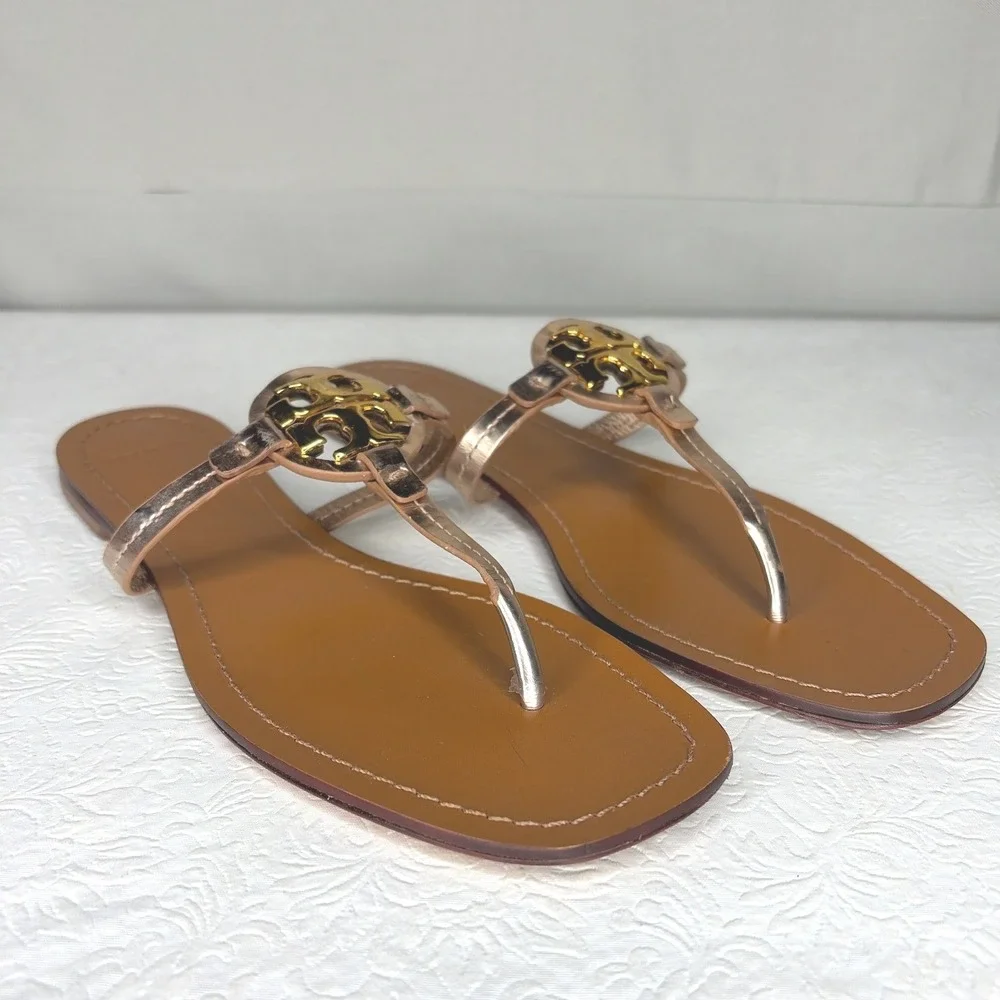 Tory Burch Miller Rose Gold Metallic Leather Logo Thong Sandals Womens 8.5M